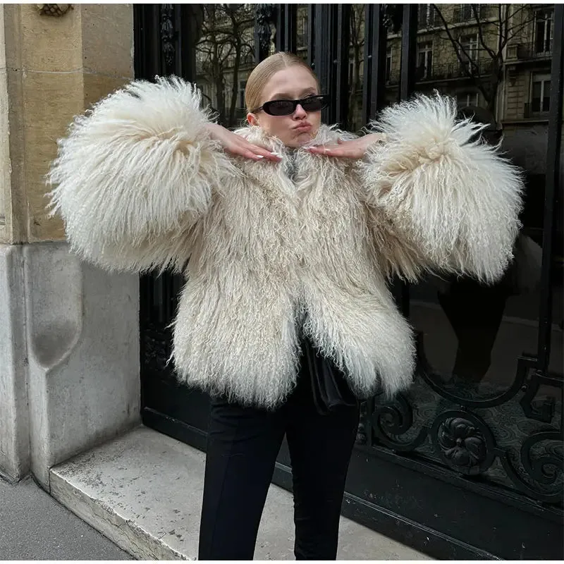 2024 Winter New Fashion Solid Fluffy Fur Coat Women High Street Luxury Lapel Collar Faux Fur Jacket Female Casual Overcoats