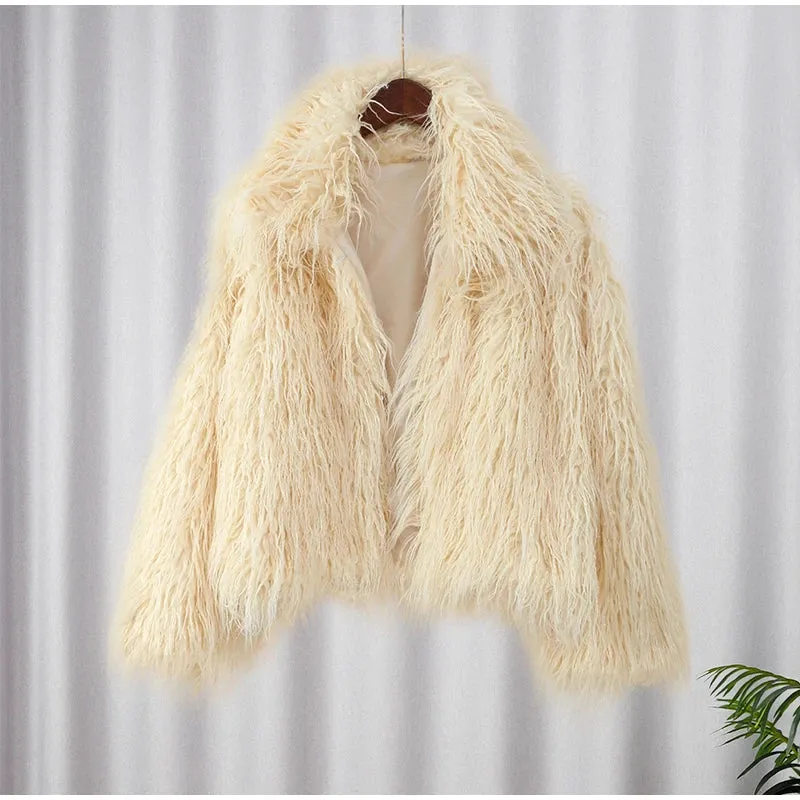 2024 Winter New Fashion Solid Fluffy Fur Coat Women High Street Luxury Lapel Collar Faux Fur Jacket Female Casual Overcoats