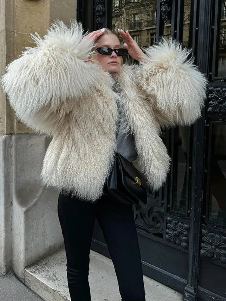 2024 Winter New Fashion Solid Fluffy Fur Coat Women High Street Luxury Lapel Collar Faux Fur Jacket Female Casual Overcoats