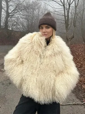 2024 Winter New Fashion Solid Fluffy Fur Coat Women High Street Luxury Lapel Collar Faux Fur Jacket Female Casual Overcoats