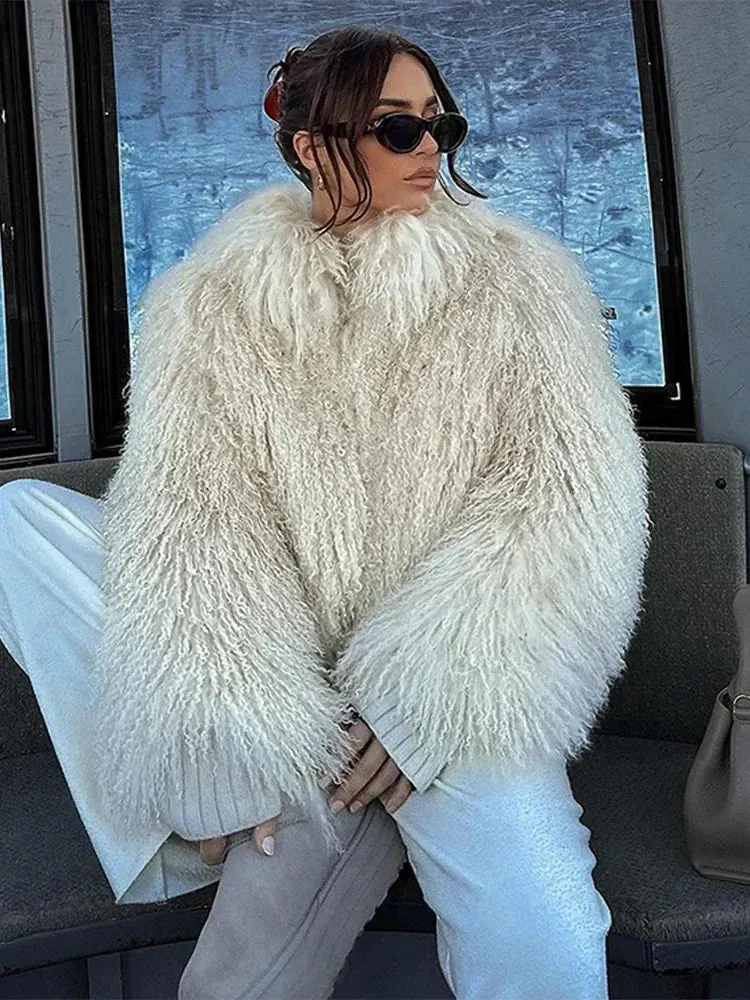 2024 Winter New Fashion Solid Fluffy Fur Coat Women High Street Luxury Lapel Collar Faux Fur Jacket Female Casual Overcoats