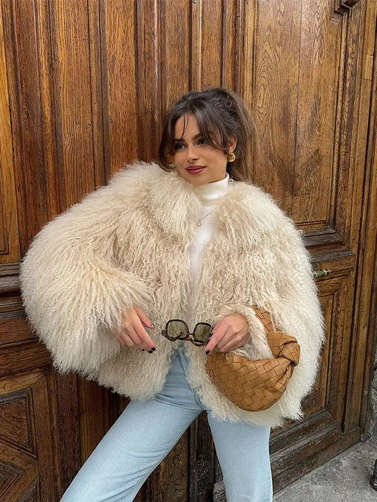 2024 Winter New Fashion Solid Fluffy Fur Coat Women High Street Luxury Lapel Collar Faux Fur Jacket Female Casual Overcoats