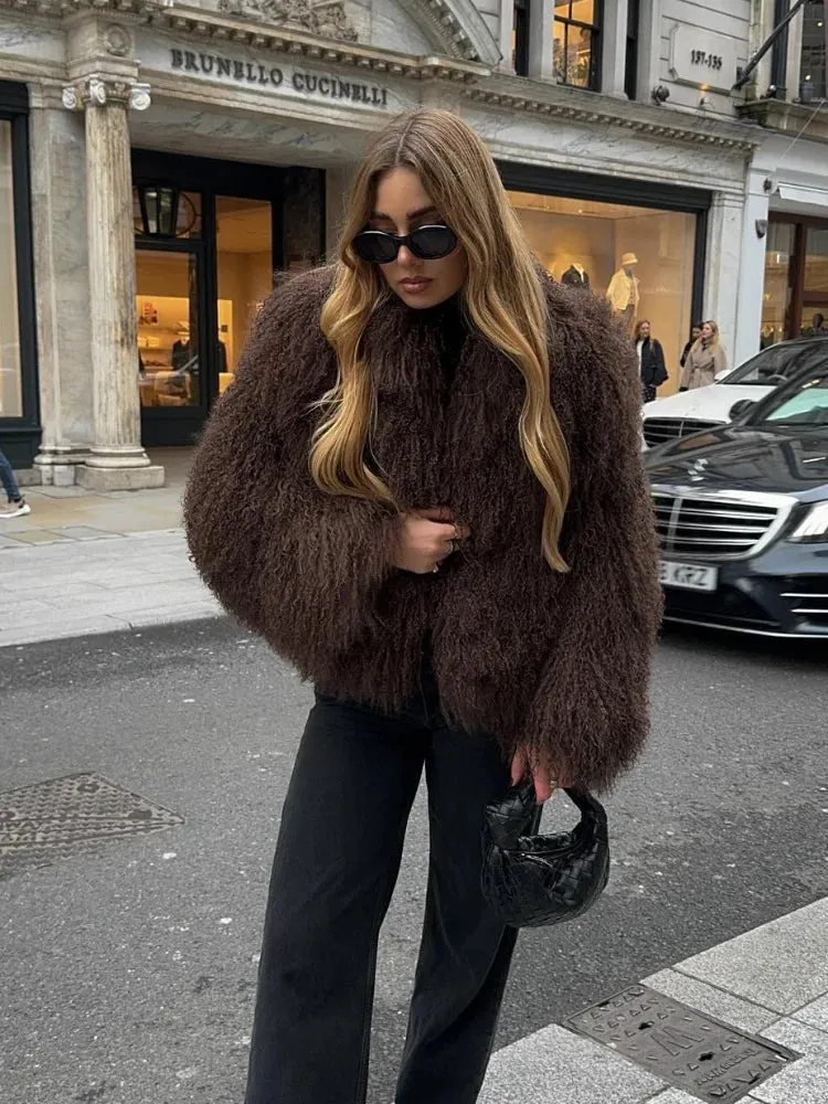 2024 Winter New Fashion Solid Fluffy Fur Coat Women High Street Luxury Lapel Collar Faux Fur Jacket Female Casual Overcoats