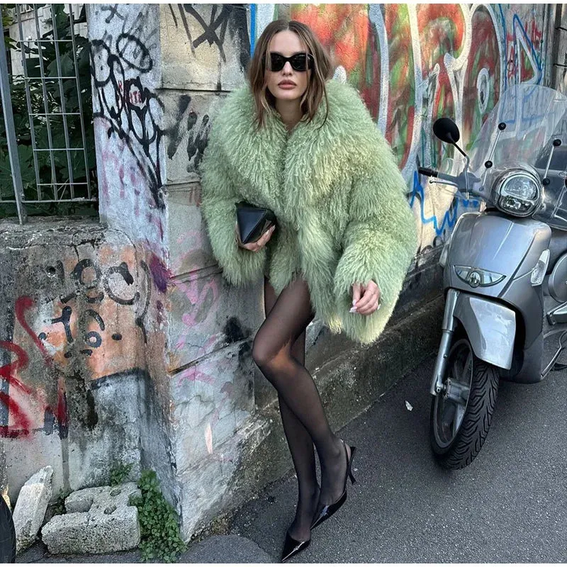 2024 Winter New Fashion Solid Fluffy Fur Coat Women High Street Luxury Lapel Collar Faux Fur Jacket Female Casual Overcoats