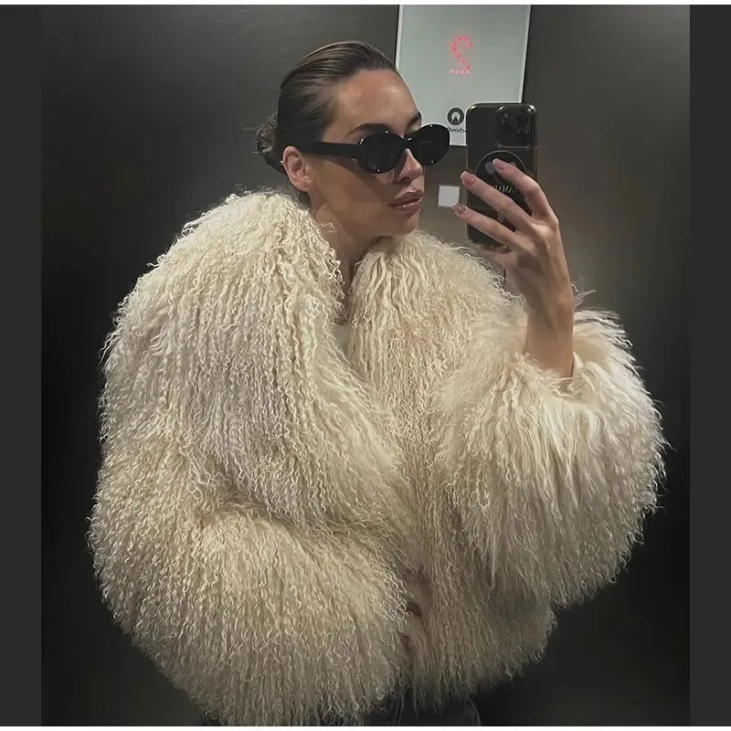 2024 Winter New Fashion Solid Fluffy Fur Coat Women High Street Luxury Lapel Collar Faux Fur Jacket Female Casual Overcoats