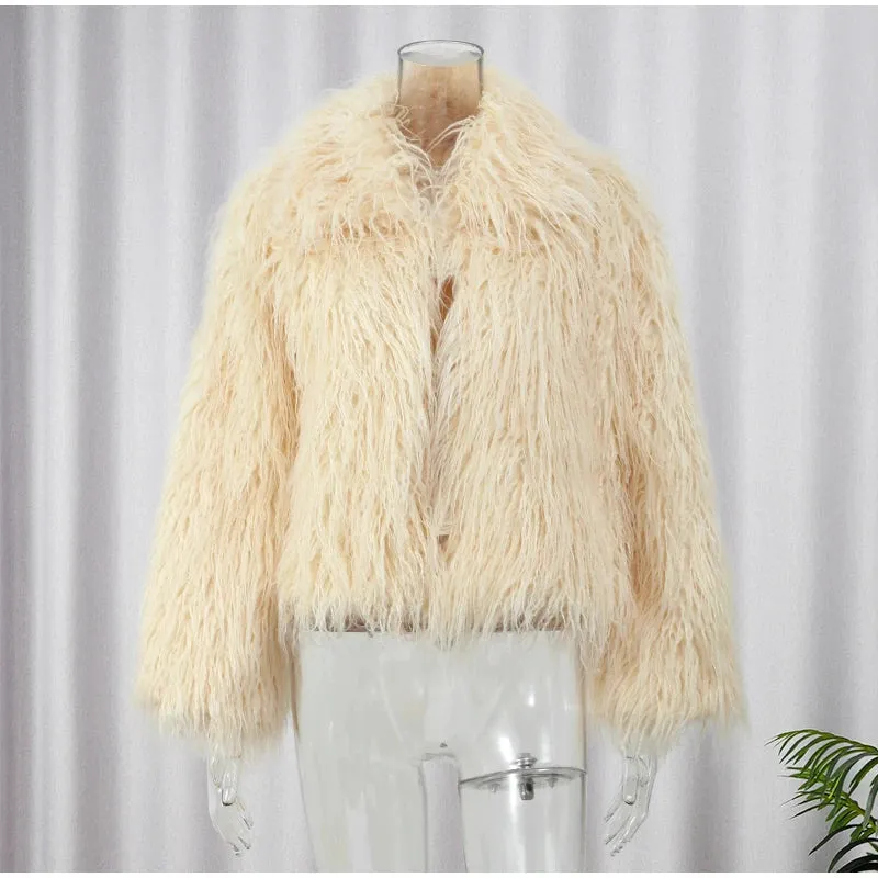 2024 Winter New Fashion Solid Fluffy Fur Coat Women High Street Luxury Lapel Collar Faux Fur Jacket Female Casual Overcoats