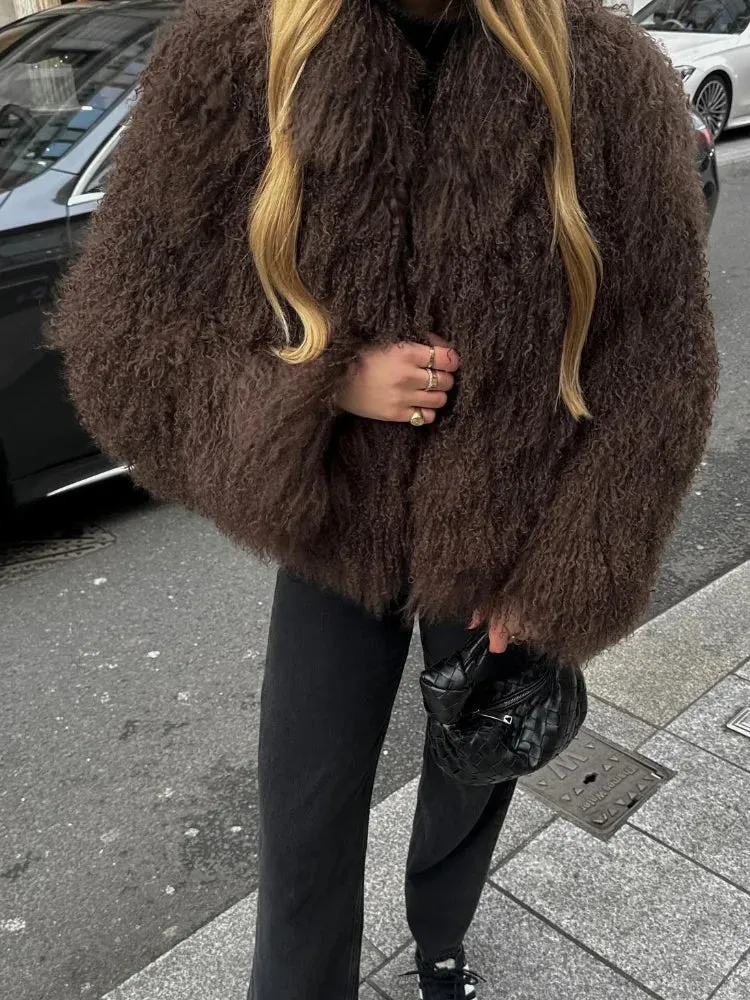 2024 Winter New Fashion Solid Fluffy Fur Coat Women High Street Luxury Lapel Collar Faux Fur Jacket Female Casual Overcoats