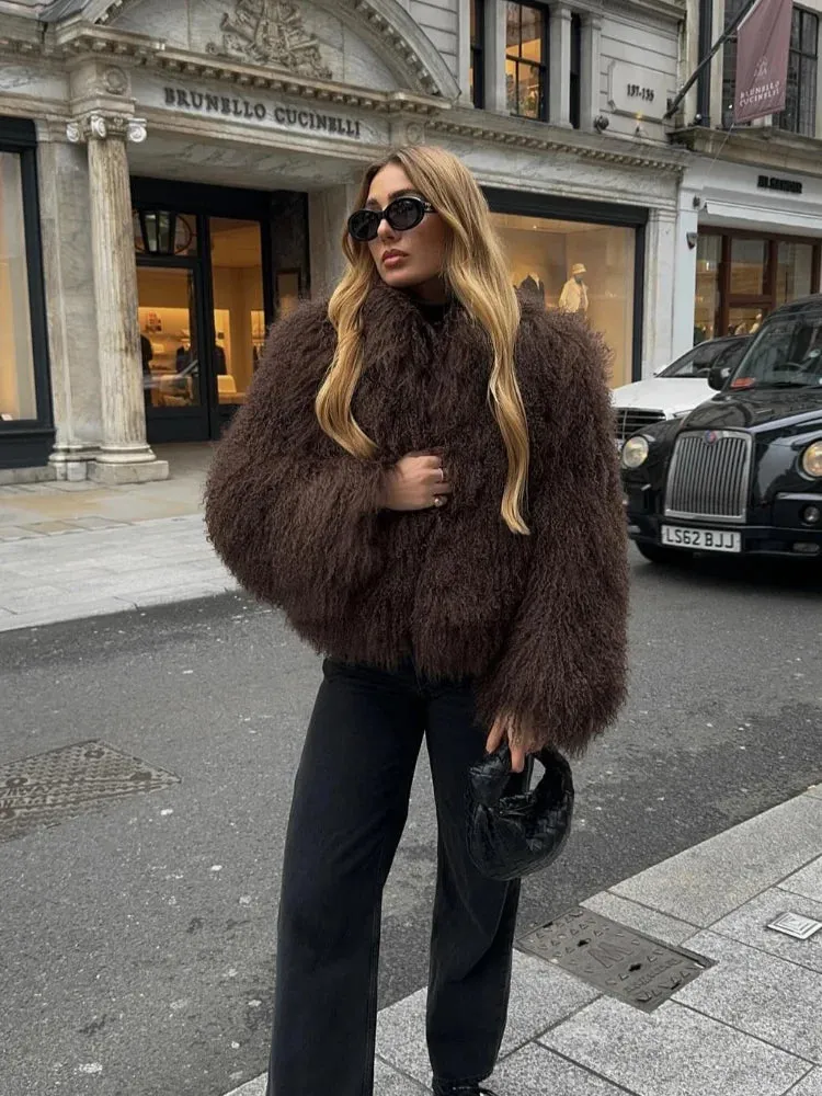 2024 Winter New Fashion Solid Fluffy Fur Coat Women High Street Luxury Lapel Collar Faux Fur Jacket Female Casual Overcoats
