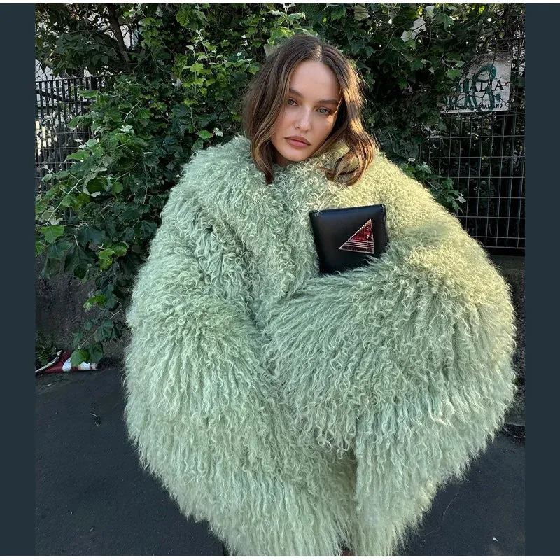 2024 Winter New Fashion Solid Fluffy Fur Coat Women High Street Luxury Lapel Collar Faux Fur Jacket Female Casual Overcoats