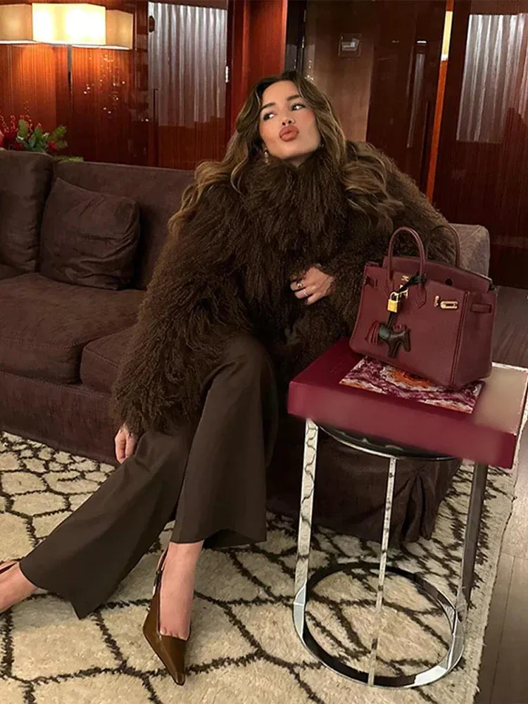 2024 Winter New Fashion Solid Fluffy Fur Coat Women High Street Luxury Lapel Collar Faux Fur Jacket Female Casual Overcoats
