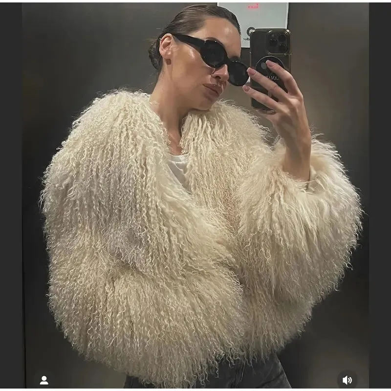 2024 Winter New Fashion Solid Fluffy Fur Coat Women High Street Luxury Lapel Collar Faux Fur Jacket Female Casual Overcoats
