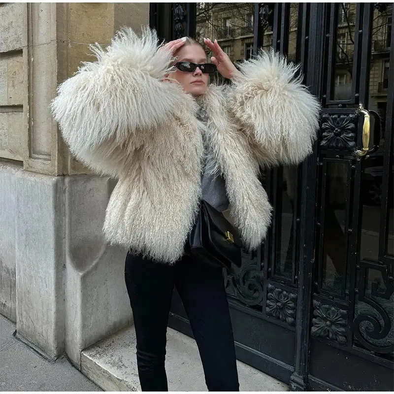 2024 Winter New Fashion Solid Fluffy Fur Coat Women High Street Luxury Lapel Collar Faux Fur Jacket Female Casual Overcoats