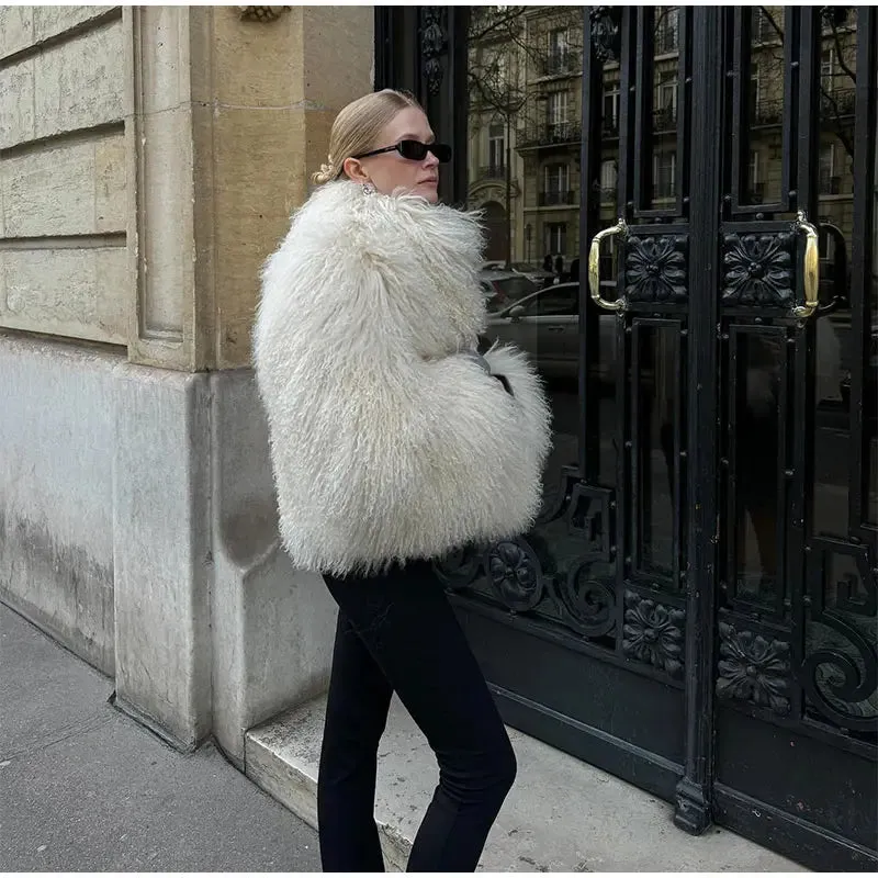 2024 Winter New Fashion Solid Fluffy Fur Coat Women High Street Luxury Lapel Collar Faux Fur Jacket Female Casual Overcoats