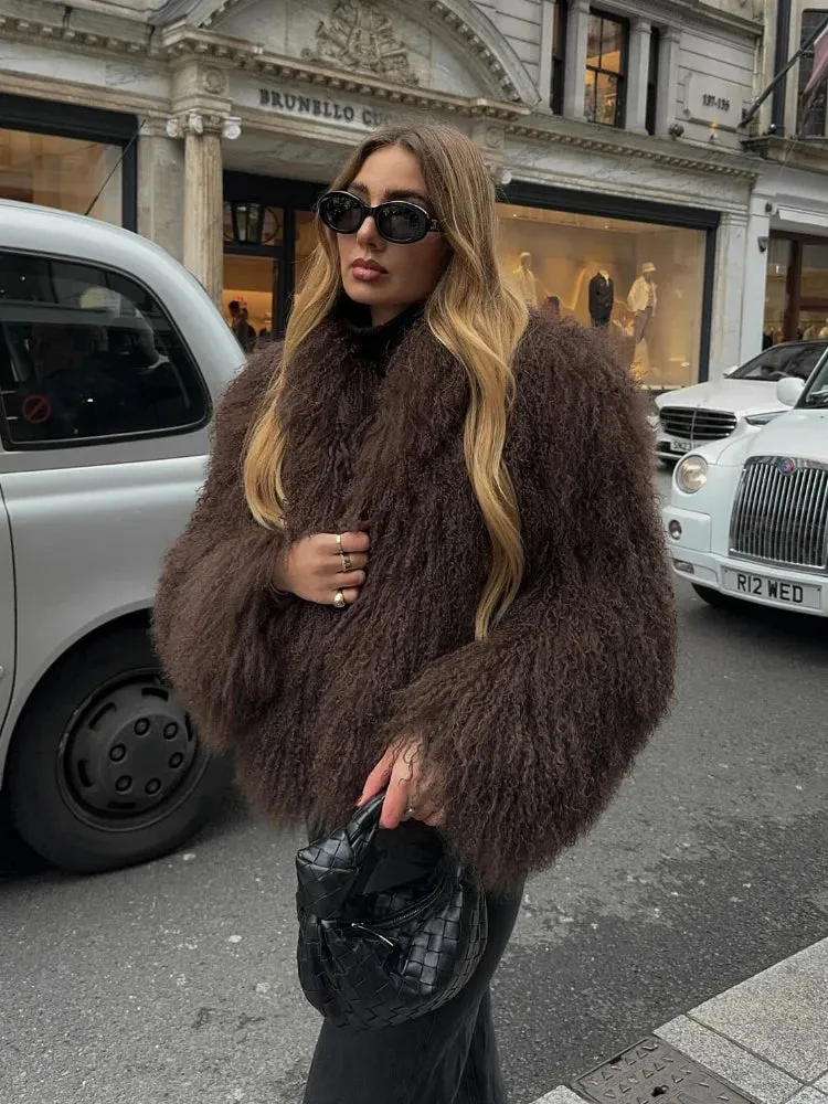 2024 Winter New Fashion Solid Fluffy Fur Coat Women High Street Luxury Lapel Collar Faux Fur Jacket Female Casual Overcoats
