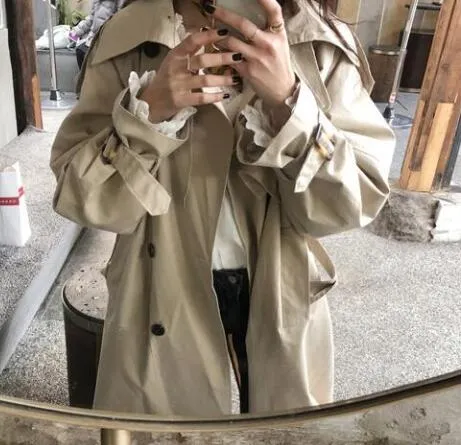 5 Colors spring casual loose cotton trench coat with sashes oversize double breasted vintage cloak overcoats windbreaker