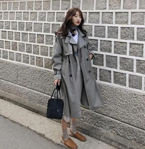 5 Colors spring casual loose cotton trench coat with sashes oversize double breasted vintage cloak overcoats windbreaker
