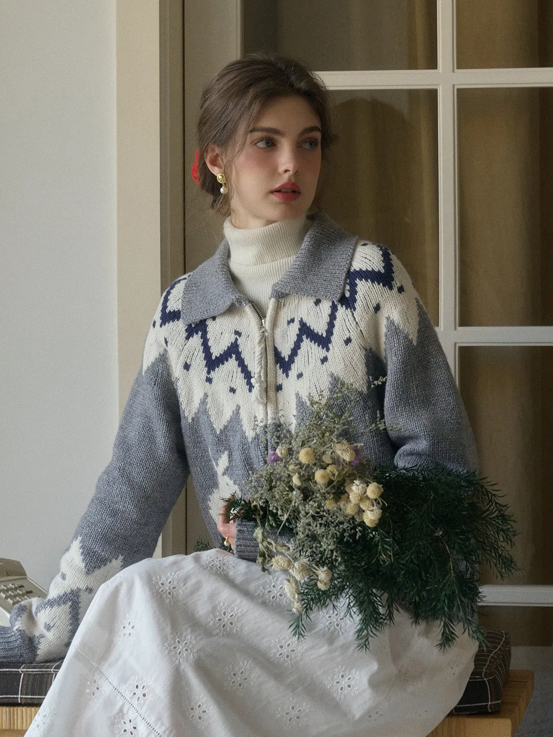 Ailany Notched Collar Fair Isle Double Zipper Wool Cardigan