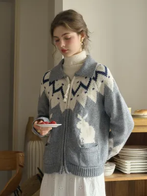 Ailany Notched Collar Fair Isle Double Zipper Wool Cardigan