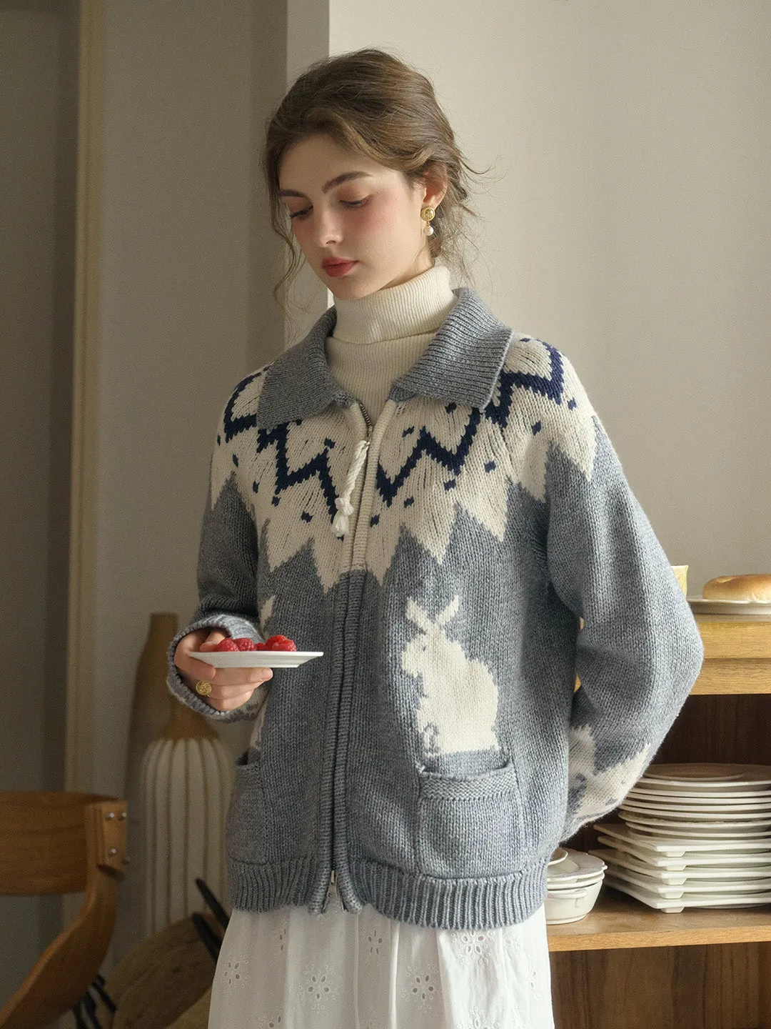 Ailany Notched Collar Fair Isle Double Zipper Wool Cardigan