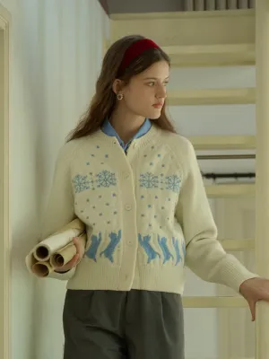 Aleena Fair Isle Classic Crew Neck Cat Snowflake Contrast Cardigan
