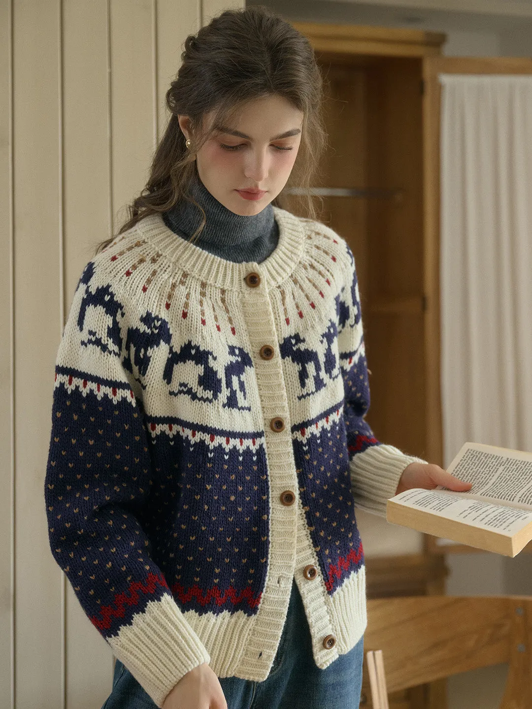 Artemis Round Neck SR Exclusive Penguin Design Fair Isle Wool Cardigan - Blue