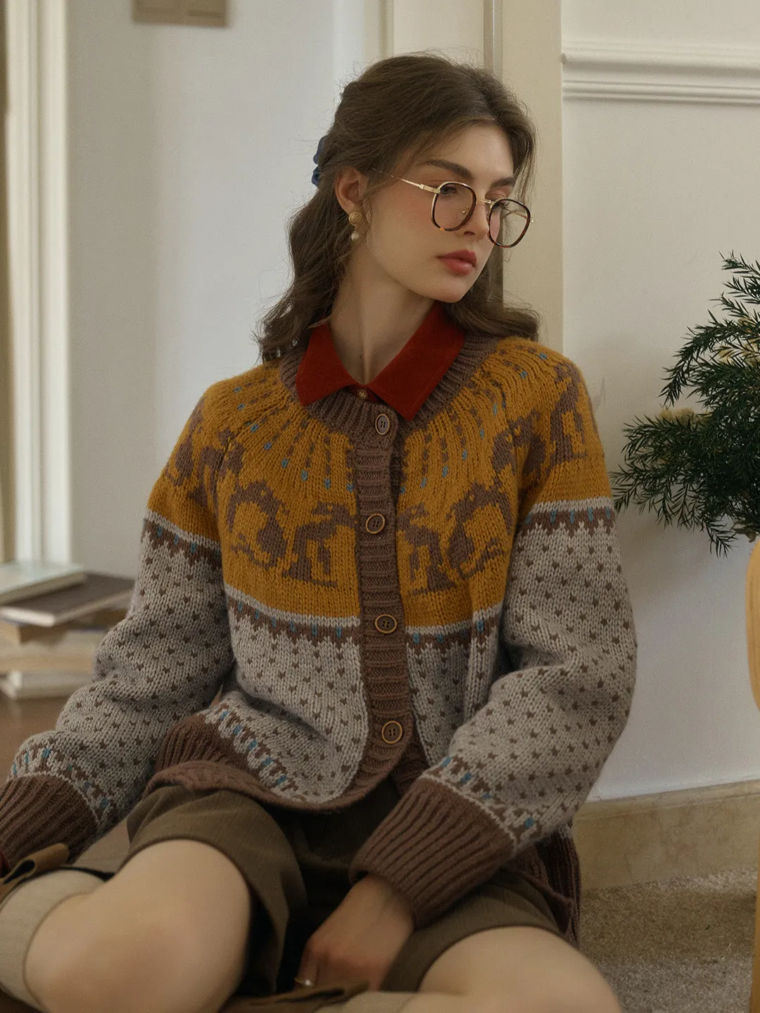Artemis Round Neck SR Exclusive Penguin Design Fair Isle Wool Cardigan - Blue