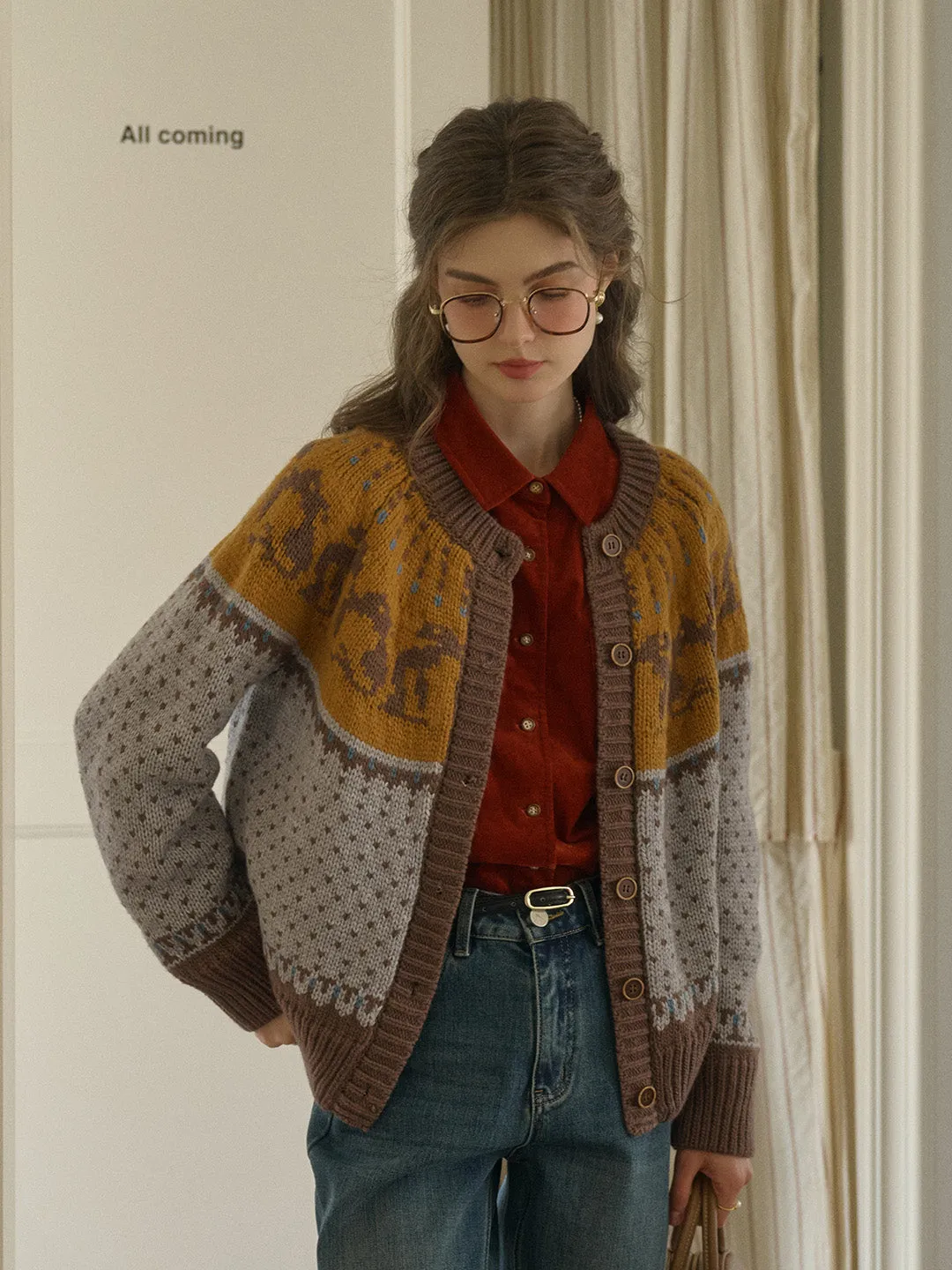 Artemis Round Neck SR Exclusive Penguin Design Fair Isle Wool Cardigan - Blue