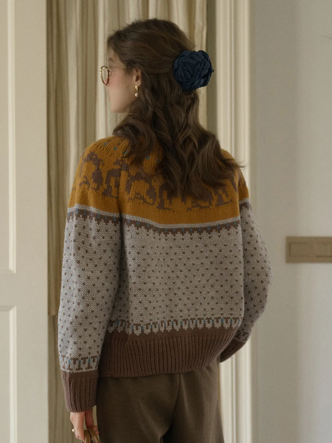 Artemis Round Neck SR Exclusive Penguin Design Fair Isle Wool Cardigan - Blue