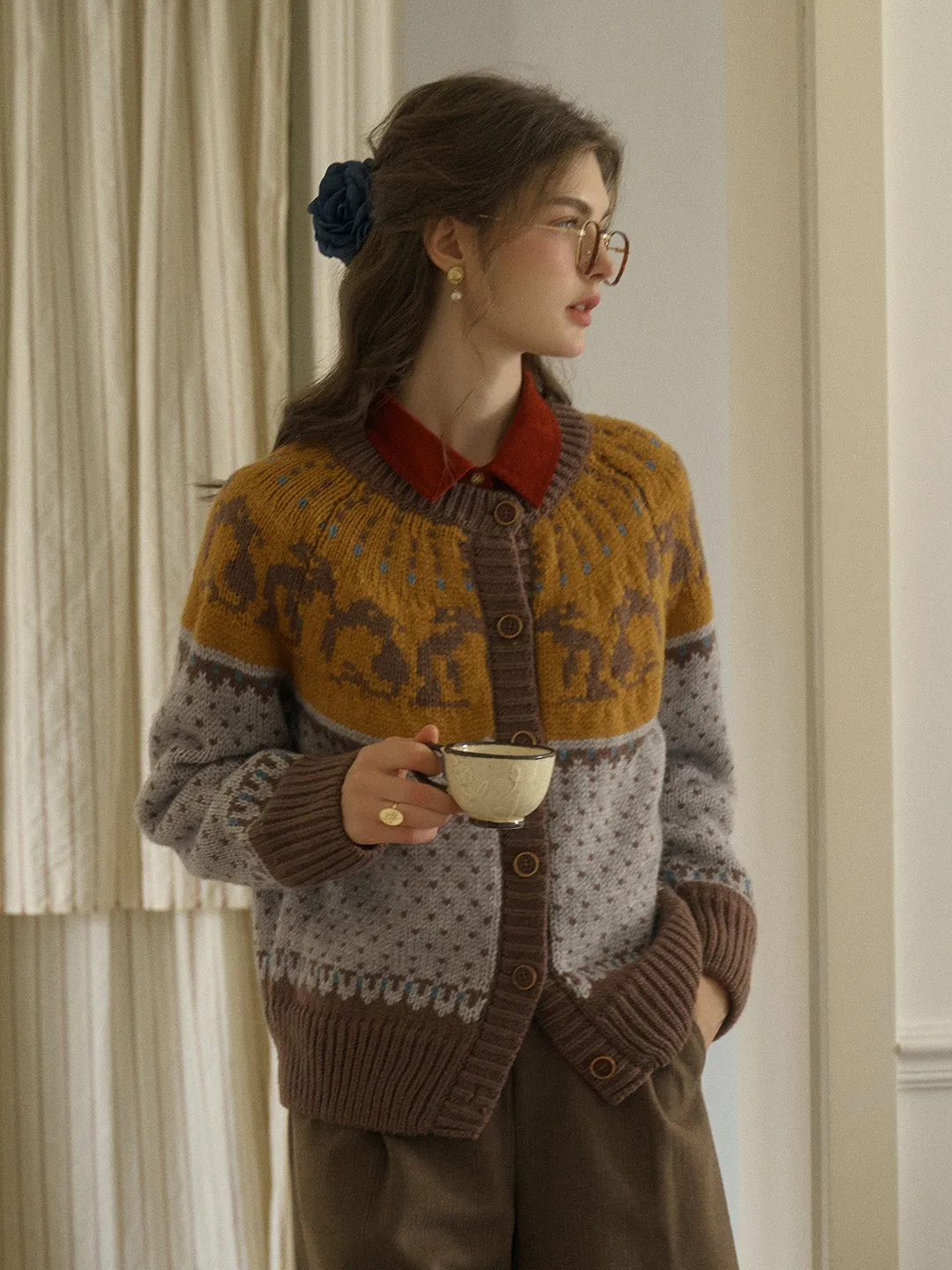 Artemis Round Neck SR Exclusive Penguin Design Fair Isle Wool Cardigan - Blue