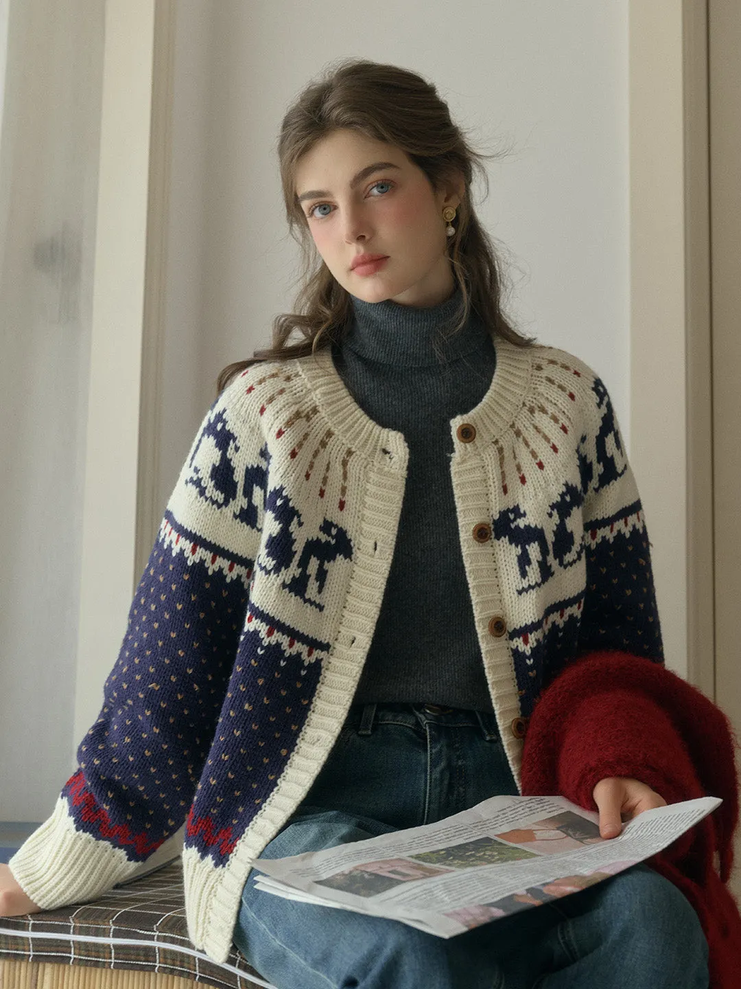 Artemis Round Neck SR Exclusive Penguin Design Fair Isle Wool Cardigan - Blue