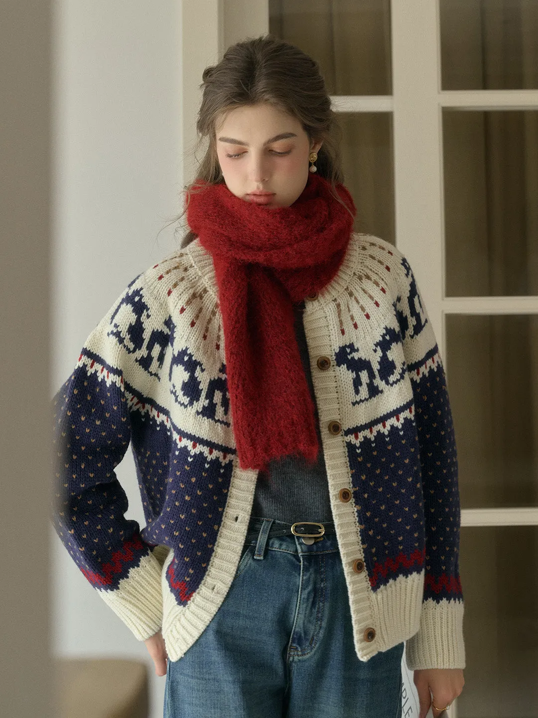 Artemis Round Neck SR Exclusive Penguin Design Fair Isle Wool Cardigan - Blue