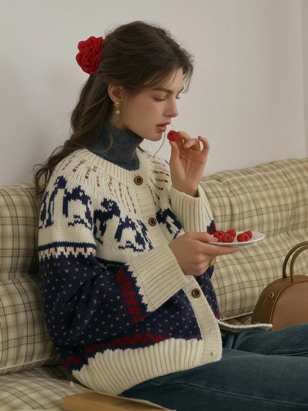 Artemis Round Neck SR Exclusive Penguin Design Fair Isle Wool Cardigan - Blue