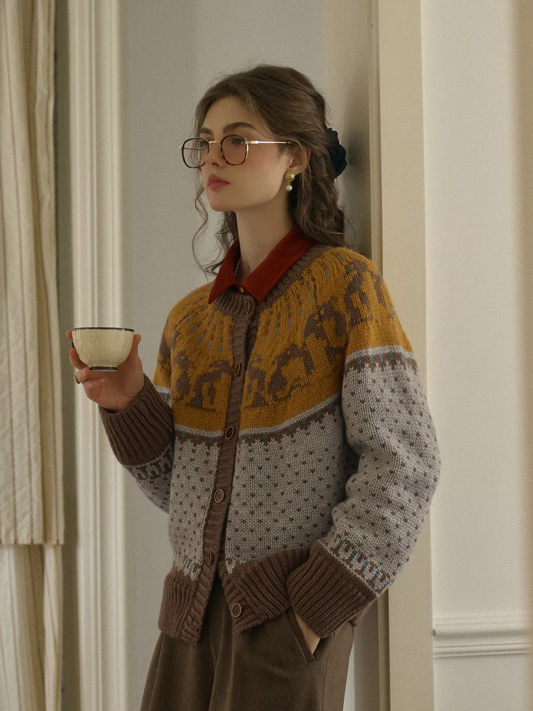 Artemis Round Neck SR Exclusive Penguin Design Fair Isle Wool Cardigan - Blue