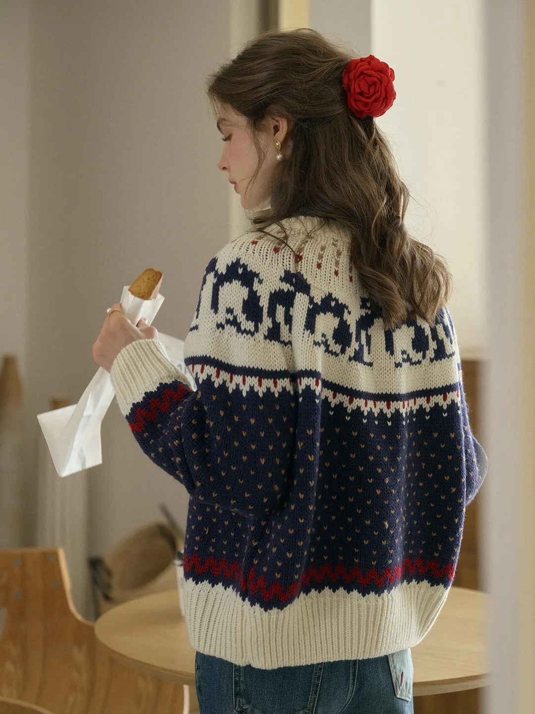 Artemis Round Neck SR Exclusive Penguin Design Fair Isle Wool Cardigan - Blue