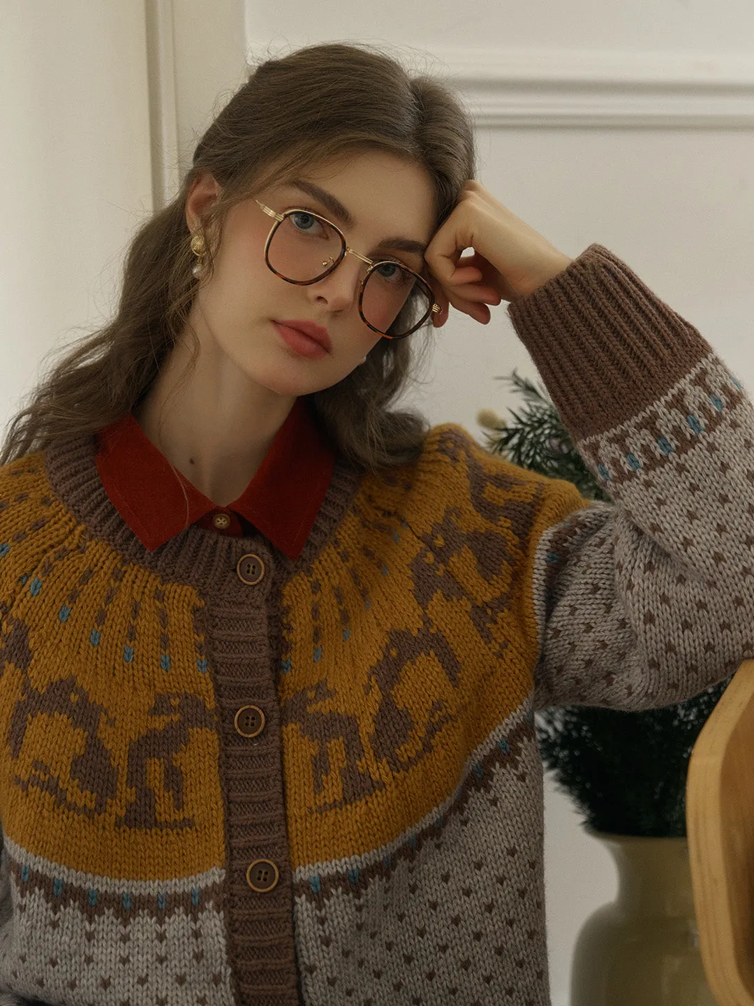 Artemis Round Neck SR Exclusive Penguin Design Fair Isle Wool Cardigan - Blue