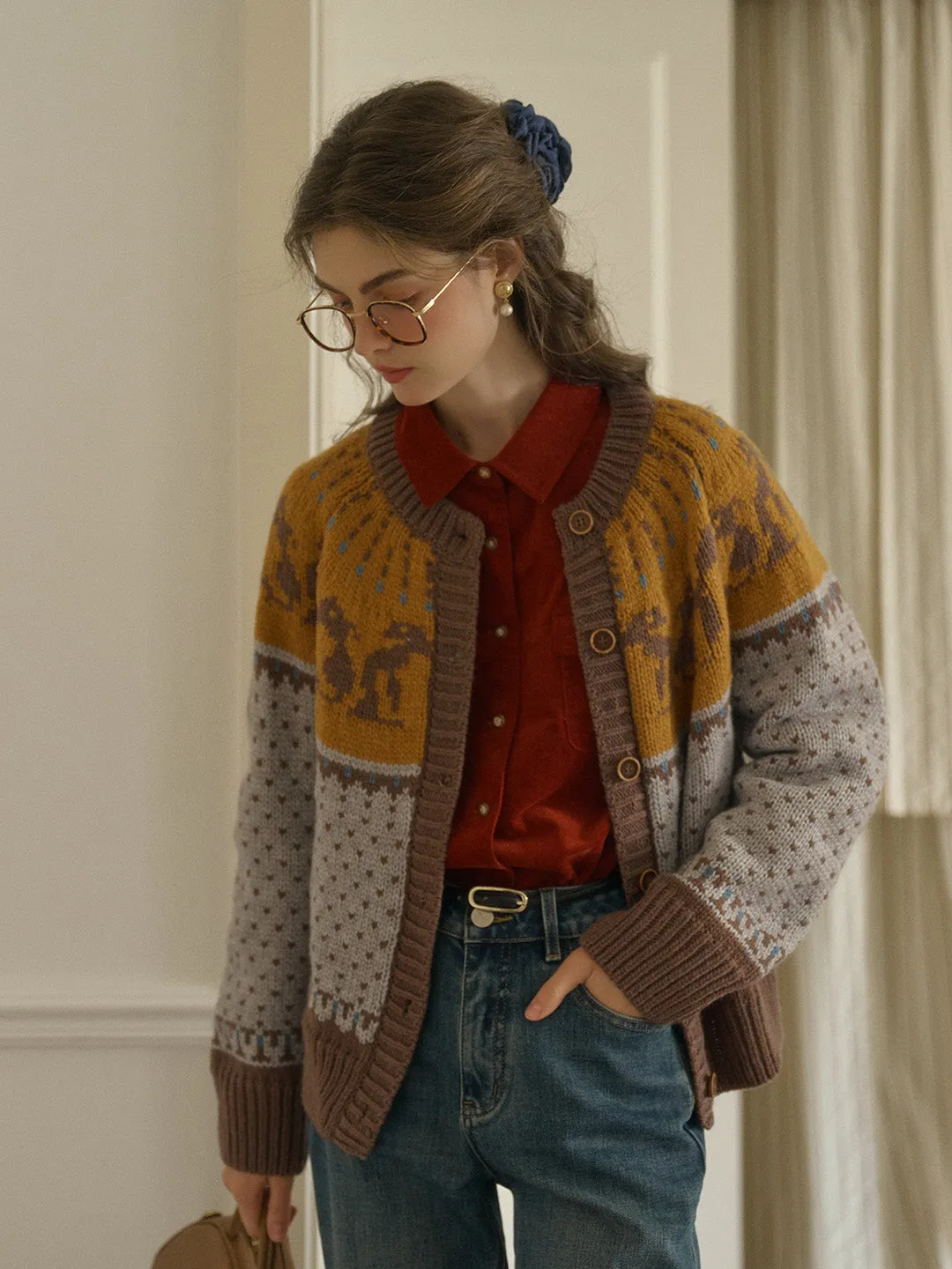 Artemis Round Neck SR Exclusive Penguin Design Fair Isle Wool Cardigan - Blue