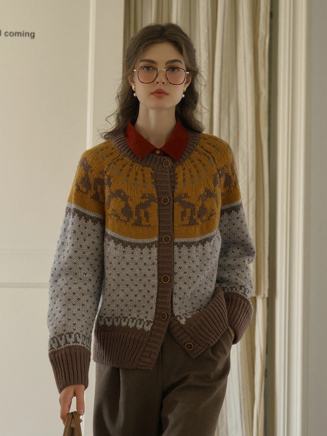 Artemis Round Neck SR Exclusive Penguin Design Fair Isle Wool Cardigan - Blue