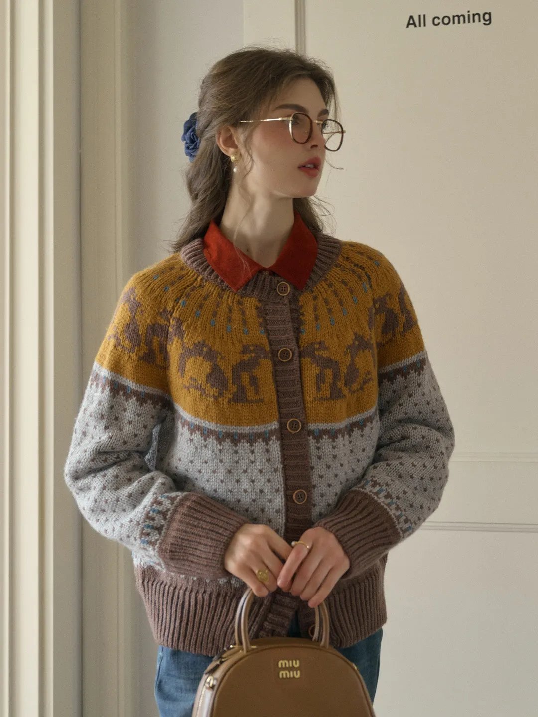 Artemis Round Neck SR Exclusive Penguin Design Fair Isle Wool Cardigan - Blue