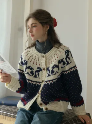 Artemis Round Neck SR Exclusive Penguin Design Fair Isle Wool Cardigan - Blue