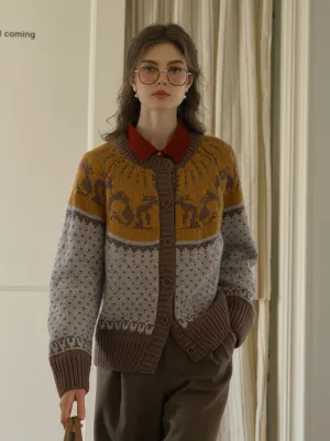 Artemis Round Neck SR Exclusive Penguin Design Fair Isle Wool Cardigan - Yellow