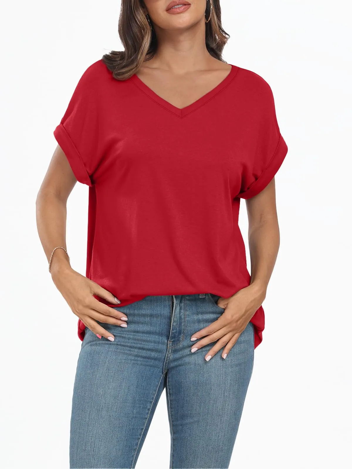 AUTOMET Women's Oversized Short Sleeve Tshirts Casual Basic V Neck Summer Tops Loose Fit 2024 Plain Work Shirts Red