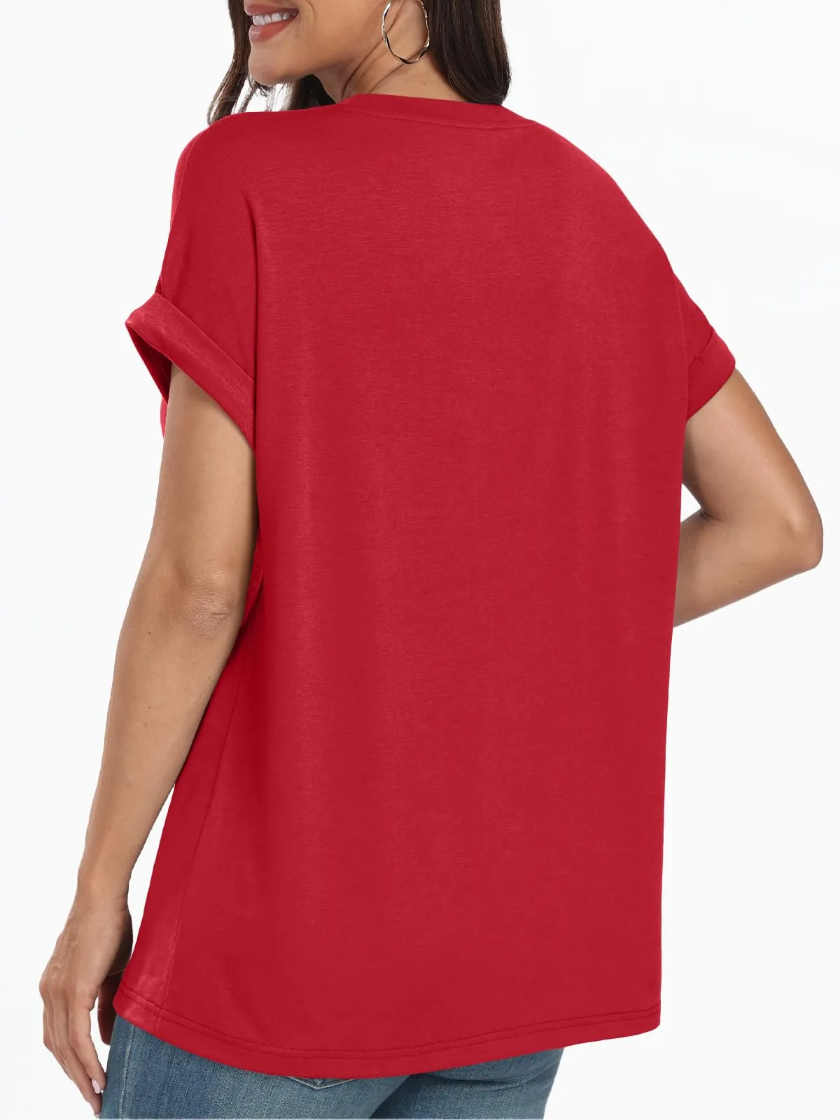 AUTOMET Women's Oversized Short Sleeve Tshirts Casual Basic V Neck Summer Tops Loose Fit 2024 Plain Work Shirts Red