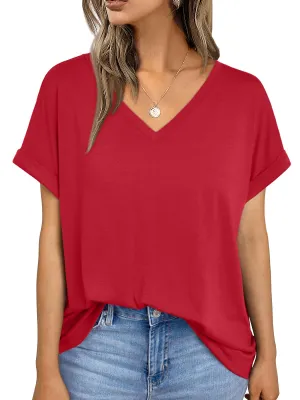 AUTOMET Women's Oversized Short Sleeve Tshirts Casual Basic V Neck Summer Tops Loose Fit 2024 Plain Work Shirts Red
