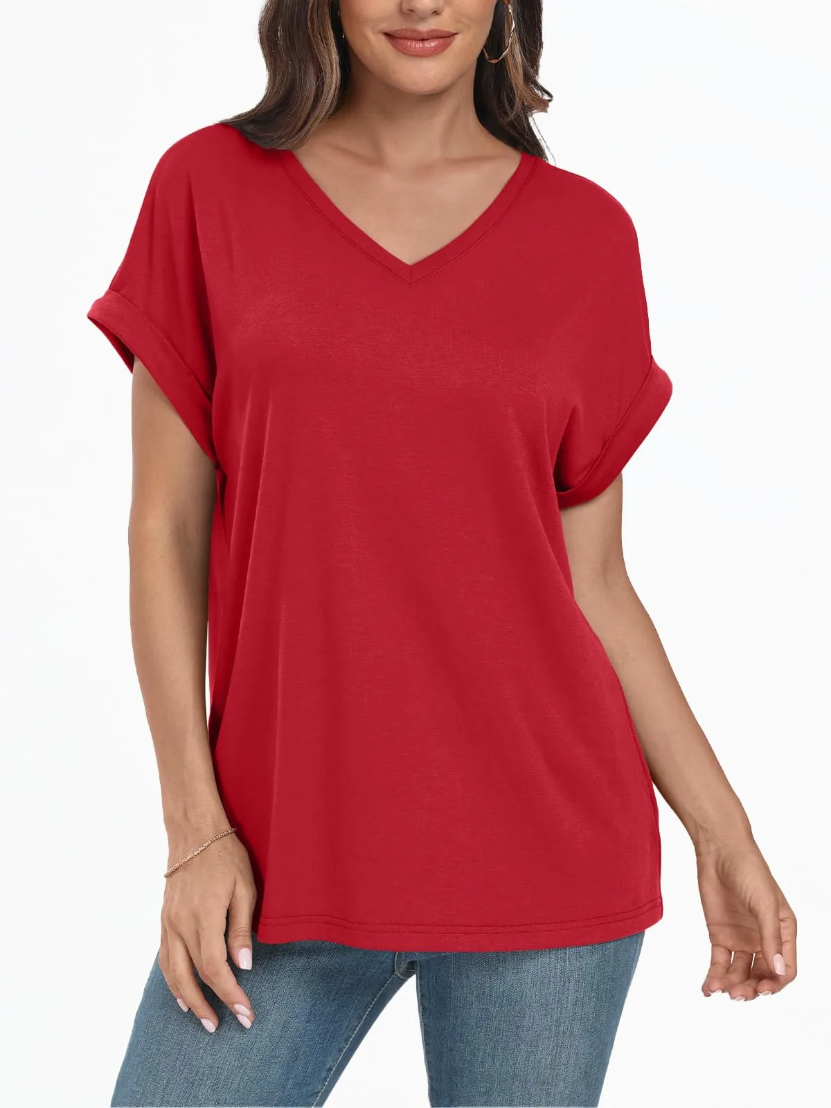 AUTOMET Women's Oversized Short Sleeve Tshirts Casual Basic V Neck Summer Tops Loose Fit 2024 Plain Work Shirts Red