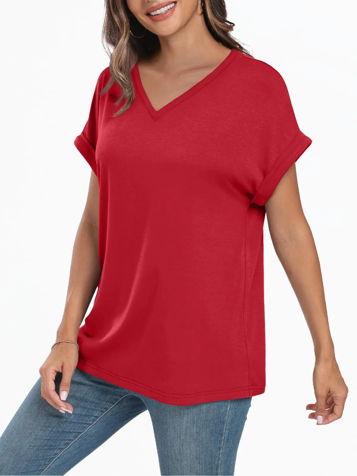 AUTOMET Women's Oversized Short Sleeve Tshirts Casual Basic V Neck Summer Tops Loose Fit 2024 Plain Work Shirts Red