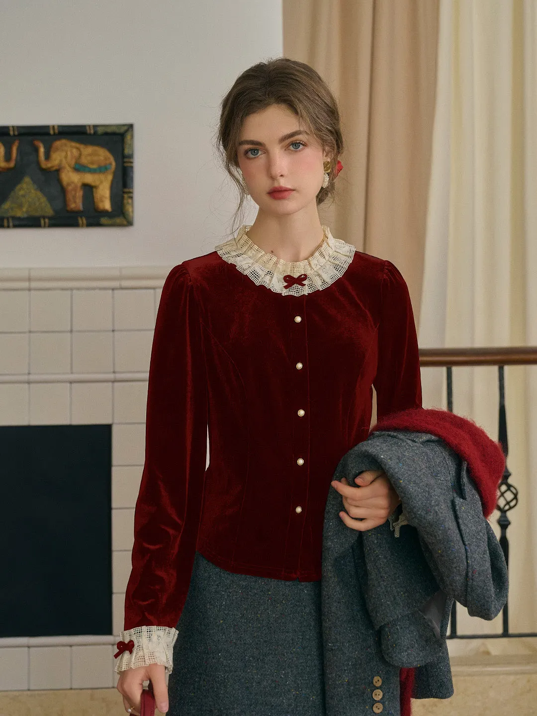 Azaria Round Collar Contrasting Lace Panel Bow Velvet Top - Red