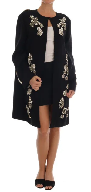 Black Floral Crystal Cape Coat Jacket