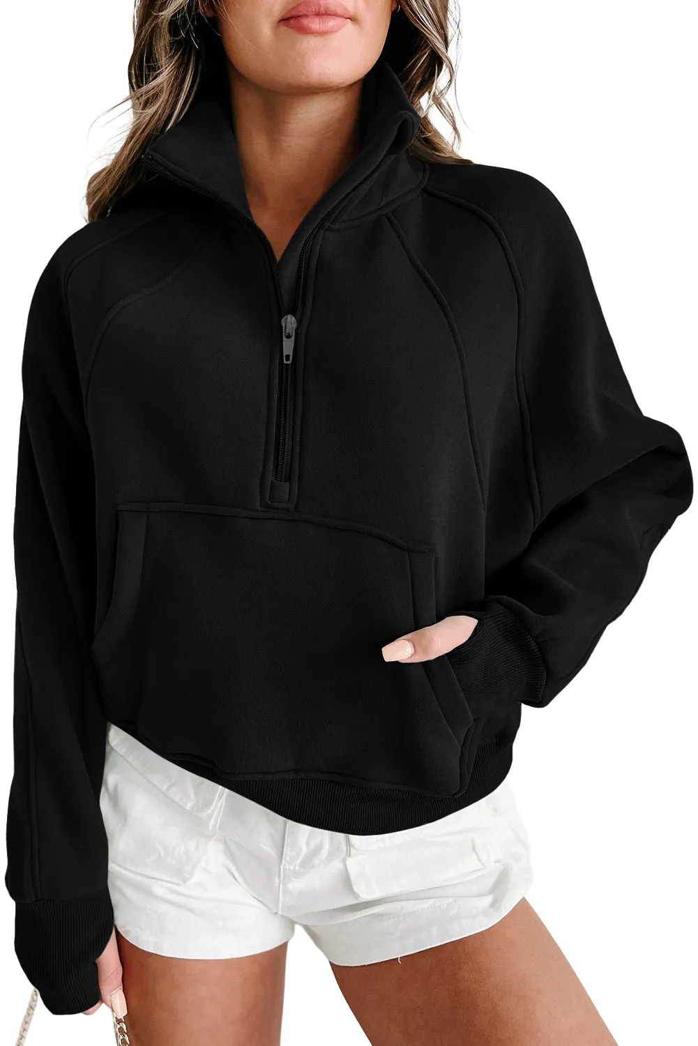 Black Green Zip Up Stand Collar Ribbed Thumbhole Sleeve Sweatshirt