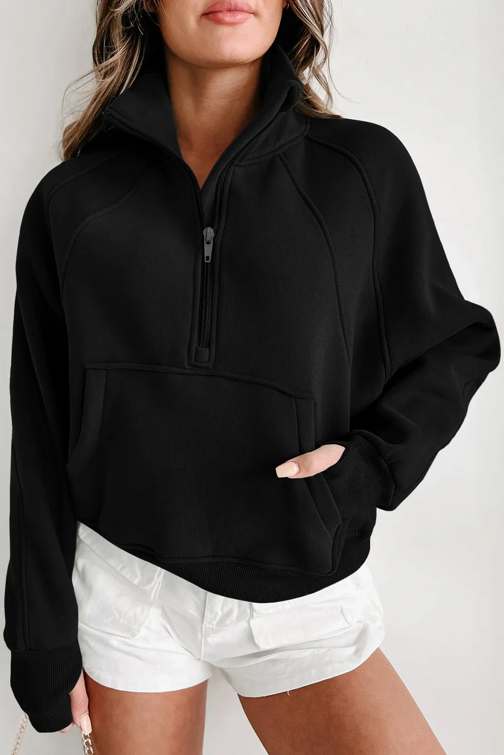 Black Green Zip Up Stand Collar Ribbed Thumbhole Sleeve Sweatshirt