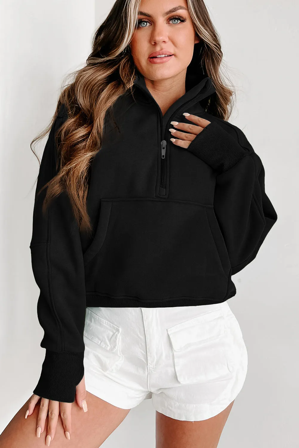 Black Green Zip Up Stand Collar Ribbed Thumbhole Sleeve Sweatshirt
